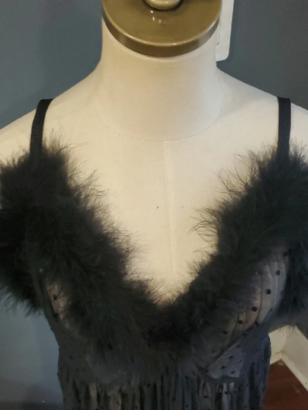 Nwt Savage X Fenty Black Sheer Polka Dot Marabou-Trim Chemise